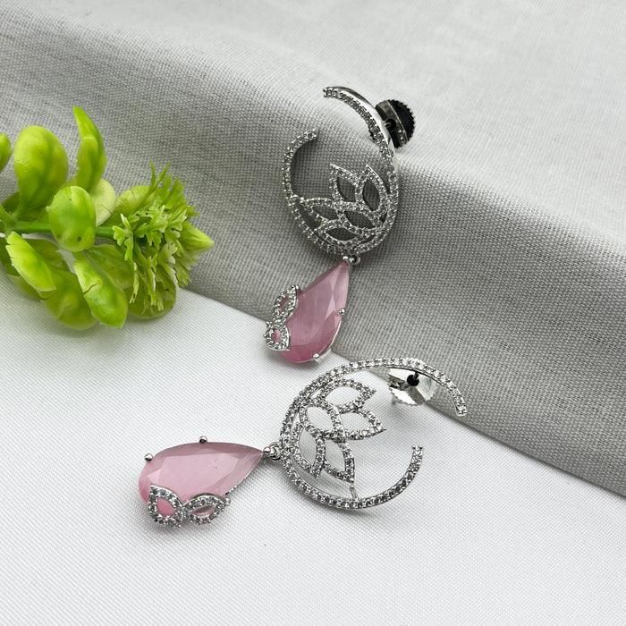 Silver-Plated Drop Earrings with Quartz and CZ Stones – Elegant Brass Jewelry