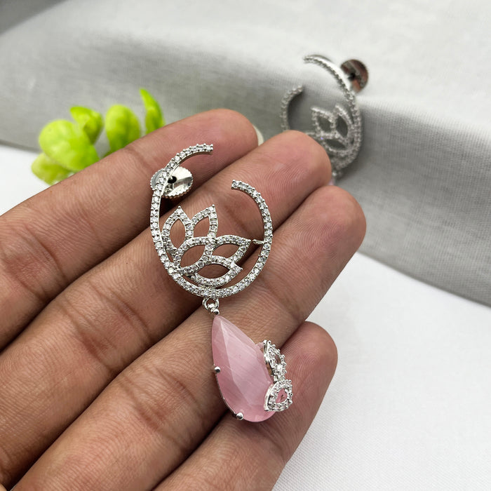 Silver-Plated Drop Earrings with Quartz and CZ Stones – Elegant Brass Jewelry