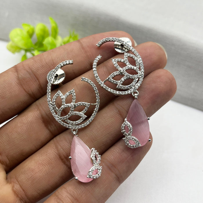 Silver-Plated Drop Earrings with Quartz and CZ Stones – Elegant Brass Jewelry