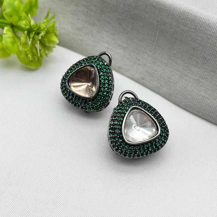 Black Silver Stud Earrings with Emerald & CZ Stones for Women and Girls