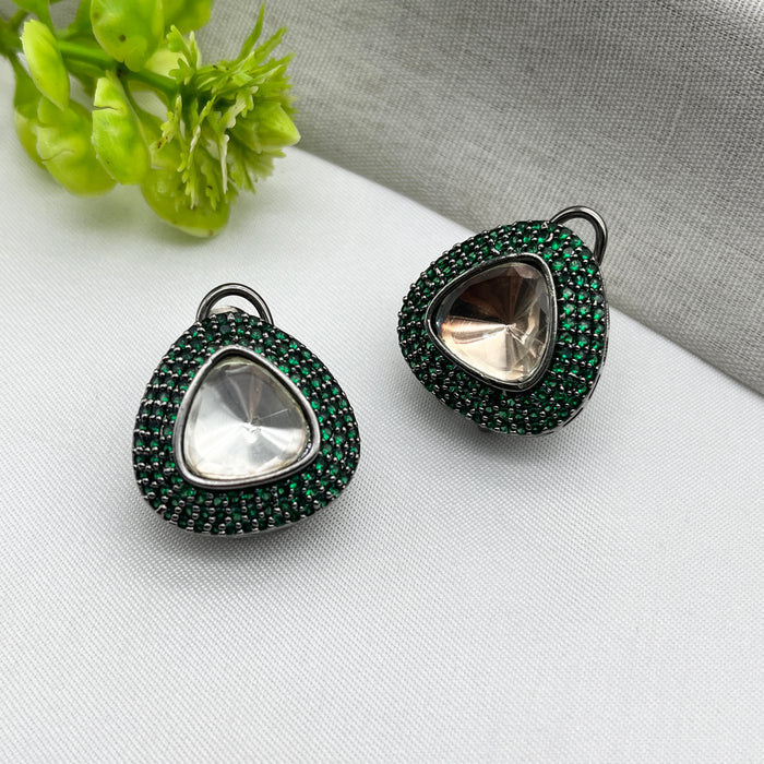 Black Silver Stud Earrings with Emerald & CZ Stones for Women and Girls