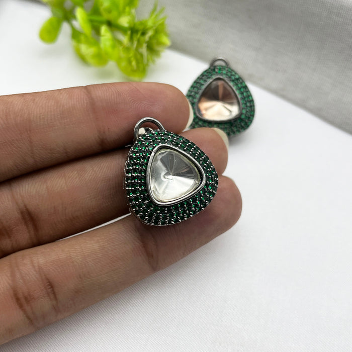 Black Silver Stud Earrings with Emerald & CZ Stones for Women and Girls