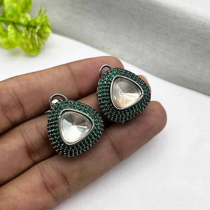 Black Silver Stud Earrings with Emerald & CZ Stones for Women and Girls