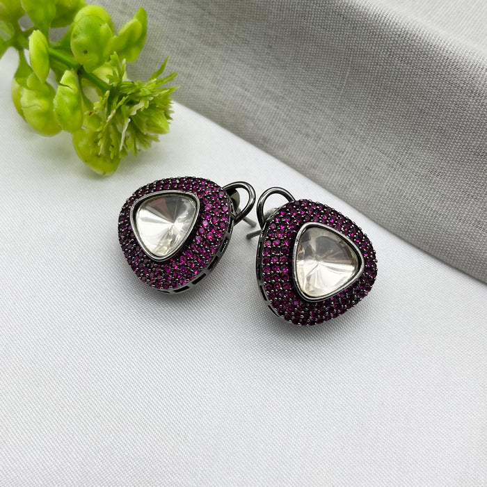Stunning Black Silver-Plated Earrings with Pink Tourmaline and CZ Stones