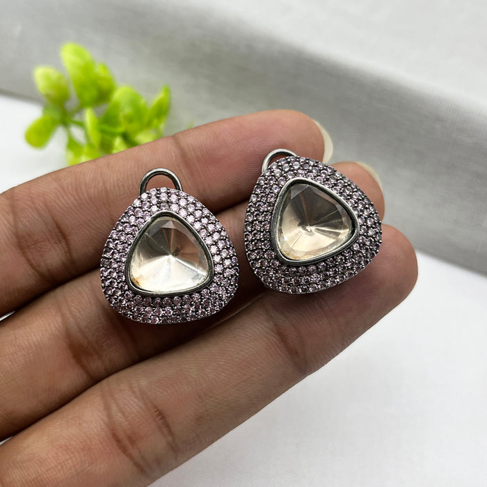 Stylish Black Silver Stud Earrings with Rose Quartz and CZ Stones