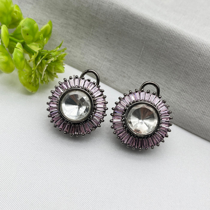 Black Silver-Plated Stud Purple Color Earrings with Rose Quartz & CZ Stones