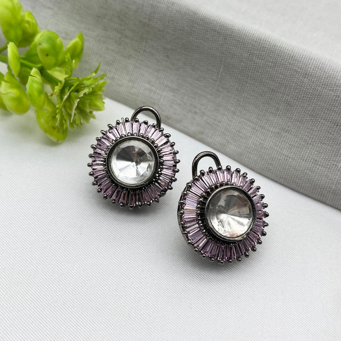 Black Silver-Plated Stud Purple Color Earrings with Rose Quartz & CZ Stones