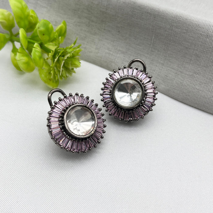 Black Silver-Plated Stud Purple Color Earrings with Rose Quartz & CZ Stones