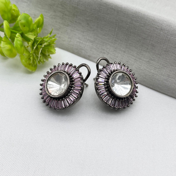 Black Silver-Plated Stud Purple Color Earrings with Rose Quartz & CZ Stones