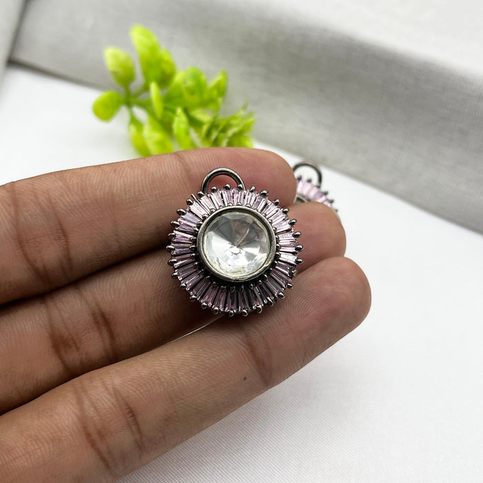 Black Silver-Plated Stud Purple Color Earrings with Rose Quartz & CZ Stones