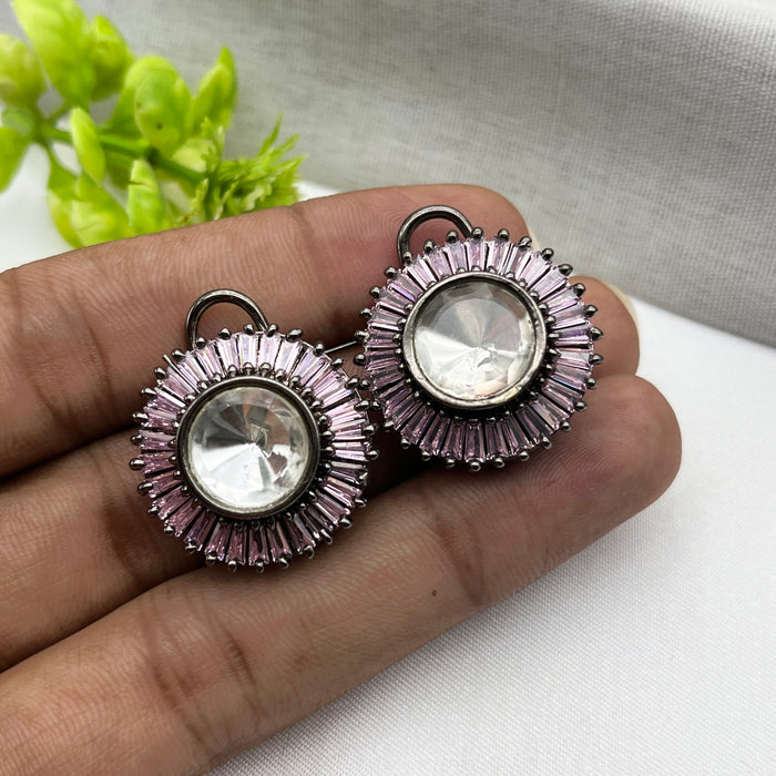 Black Silver-Plated Stud Purple Color Earrings with Rose Quartz & CZ Stones