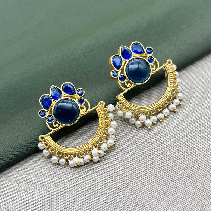 Beautiful Gold-Plated Traditional Earrings with Blue Stones and Pearls