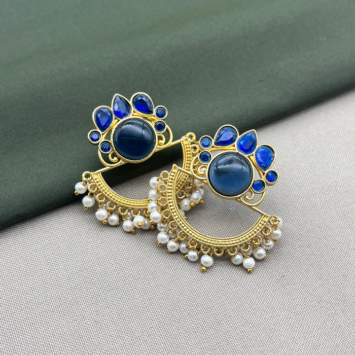 Beautiful Gold-Plated Traditional Earrings with Blue Stones and Pearls