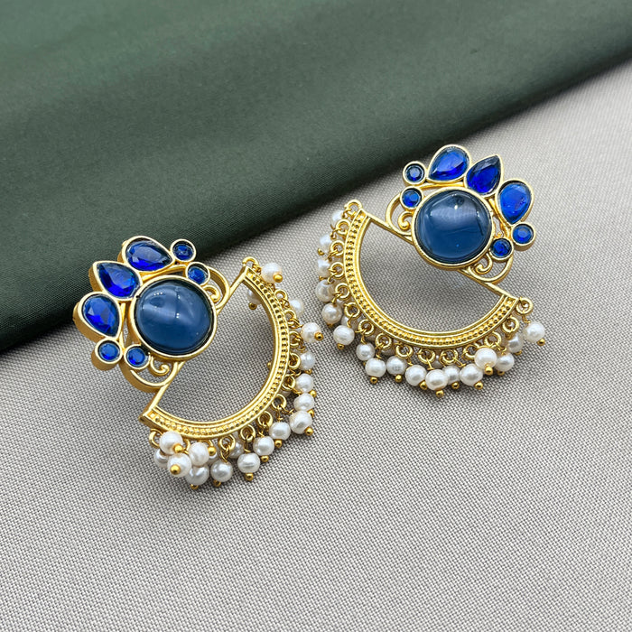 Beautiful Gold-Plated Traditional Earrings with Blue Stones and Pearls