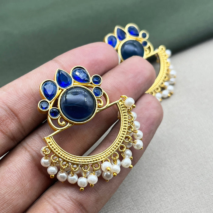Beautiful Gold-Plated Traditional Earrings with Blue Stones and Pearls