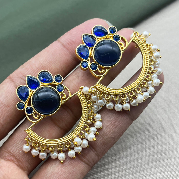 Beautiful Gold-Plated Traditional Earrings with Blue Stones and Pearls