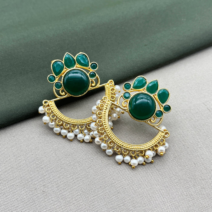 Gold-Plated Earring Set studded with Emerald and Pearl Stones