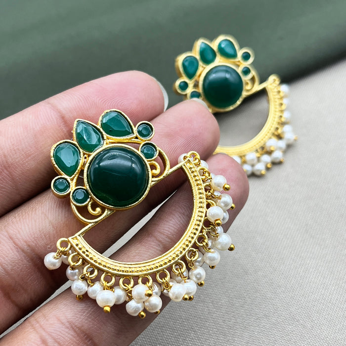 Gold-Plated Earring Set studded with Emerald and Pearl Stones