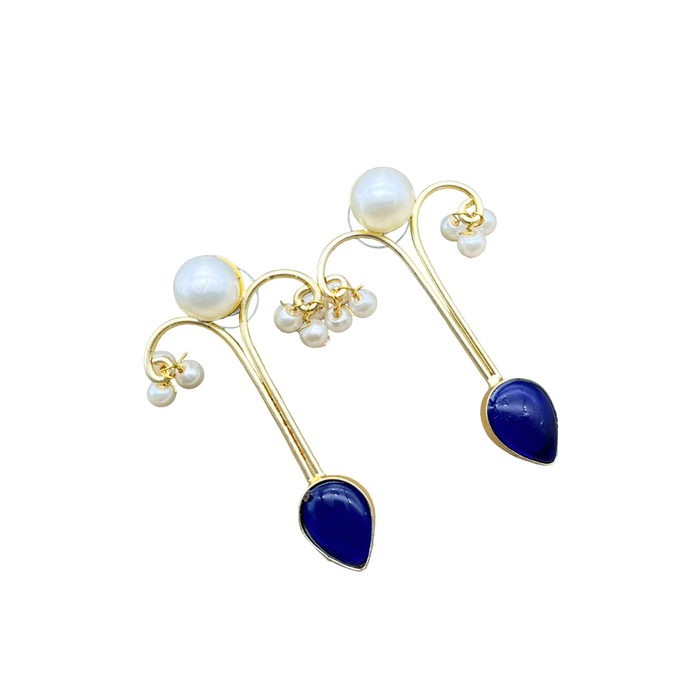 Gold-Plated Sapphire and Pearl Drop Earrings by Diwam Jewels