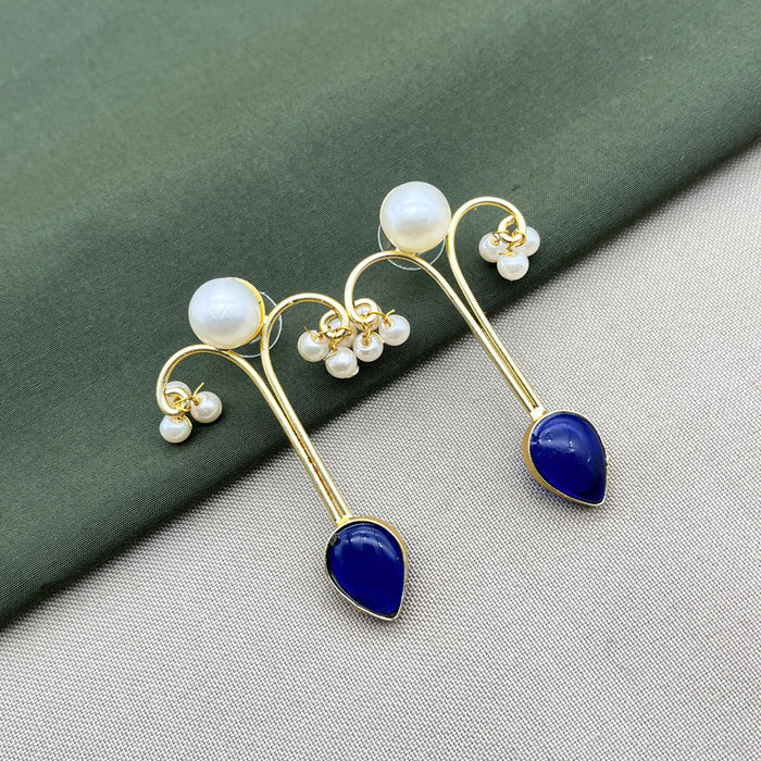 Gold-Plated Sapphire and Pearl Drop Earrings by Diwam Jewels