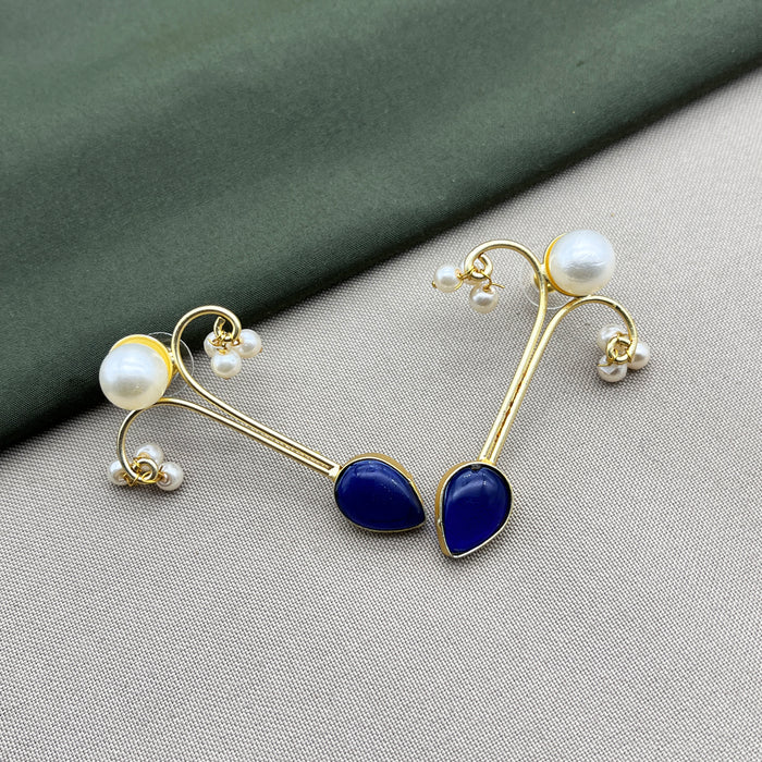 Gold-Plated Sapphire and Pearl Drop Earrings by Diwam Jewels
