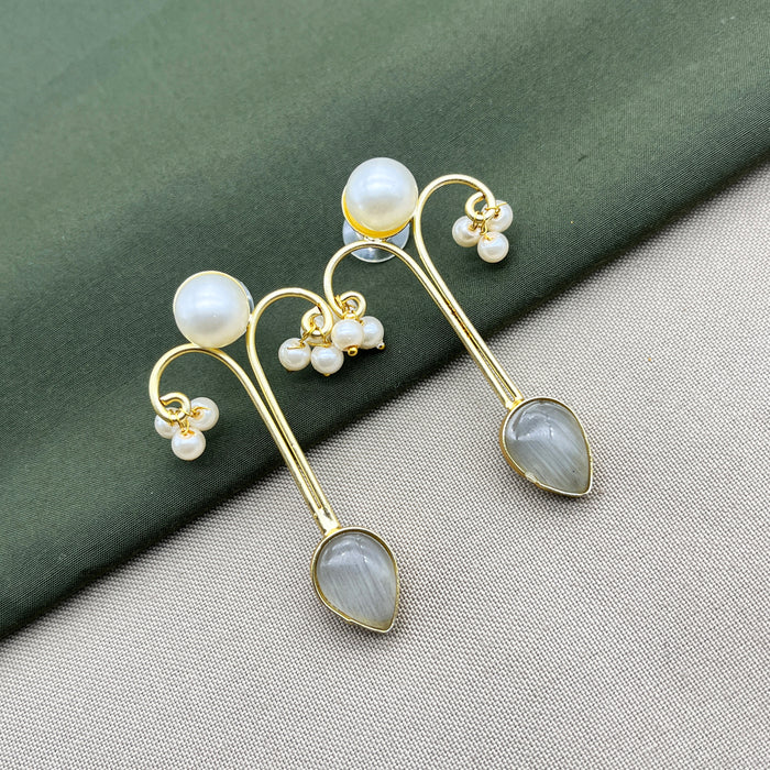 Gold-Plated Moonstone and Pearl Drop Earrings by Diwam Jewels