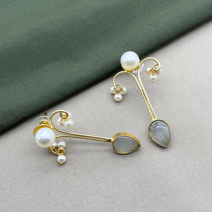 Gold-Plated Moonstone and Pearl Drop Earrings by Diwam Jewels