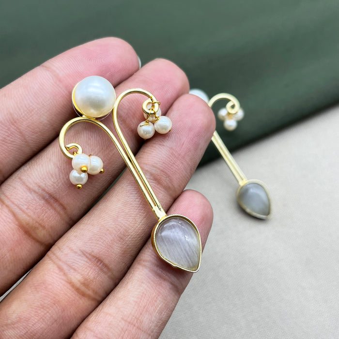 Gold-Plated Moonstone and Pearl Drop Earrings by Diwam Jewels