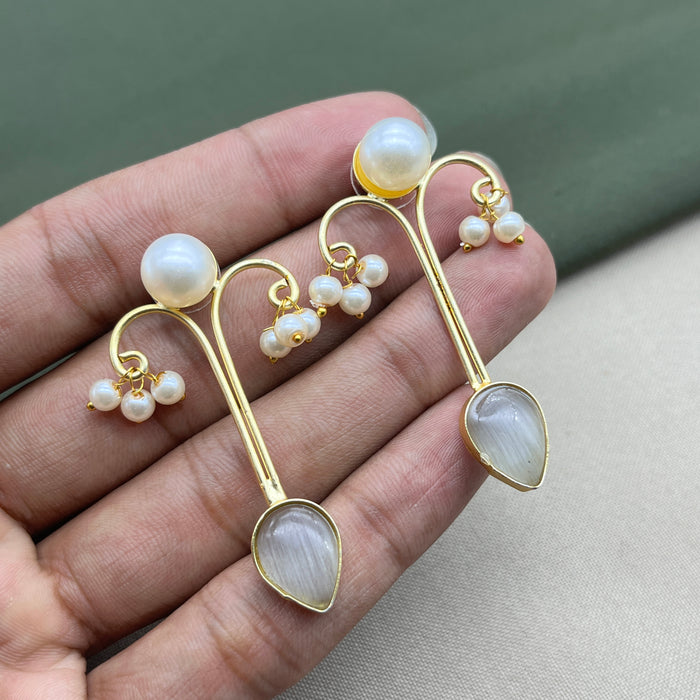 Gold-Plated Moonstone and Pearl Drop Earrings by Diwam Jewels