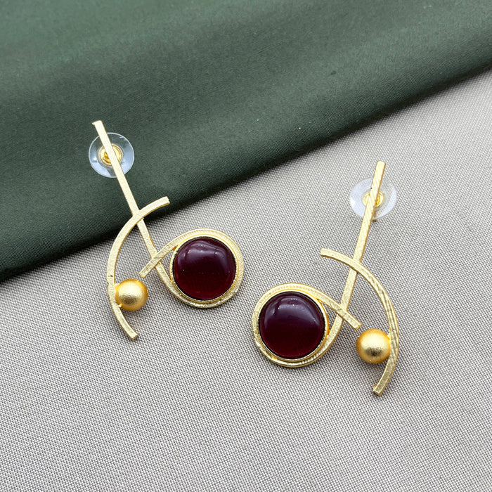 Artistic Gold Plated Brass Drops & Danglers Earring featuring Red Garnet Stone
