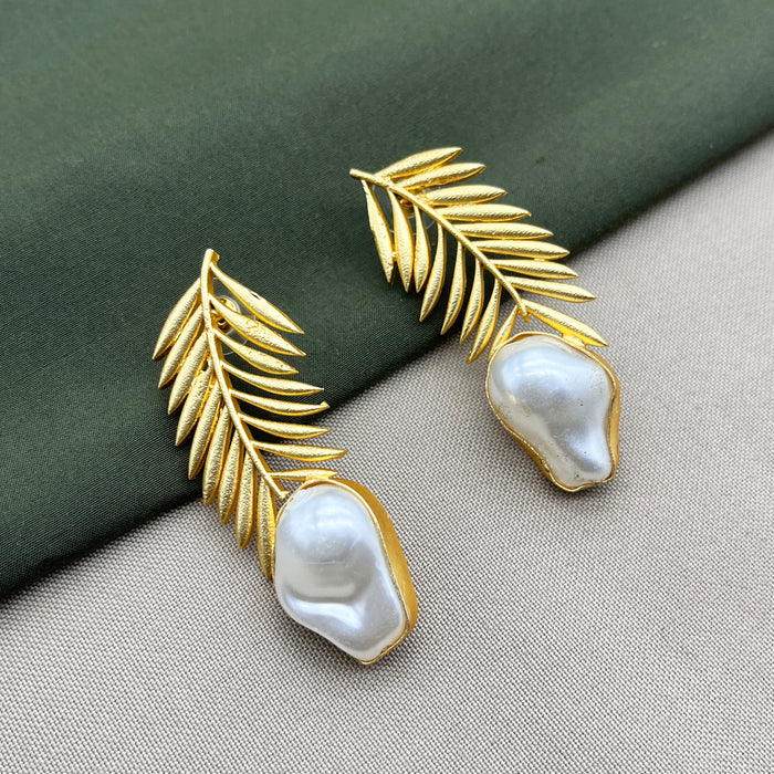 Leaf Gold Earrings featuring Grace Earrings Pearl Brass Drops & Danglers