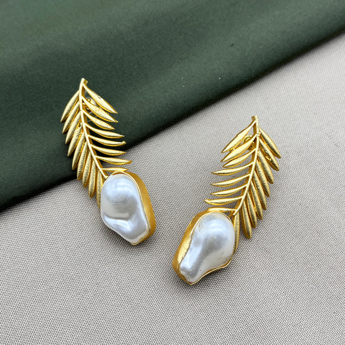 Leaf Gold Earrings featuring Grace Earrings Pearl Brass Drops & Danglers