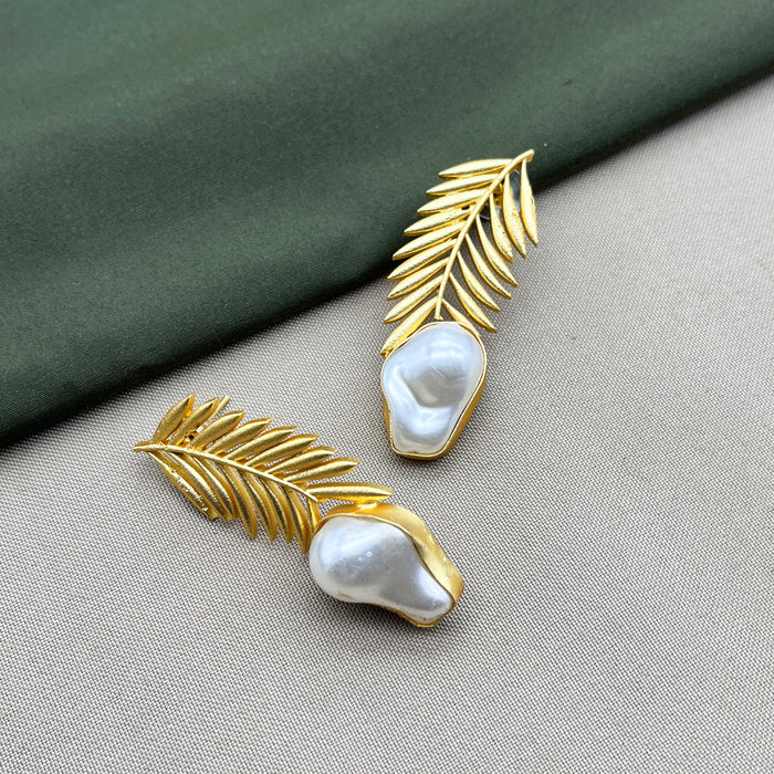 Leaf Gold Earrings featuring Grace Earrings Pearl Brass Drops & Danglers
