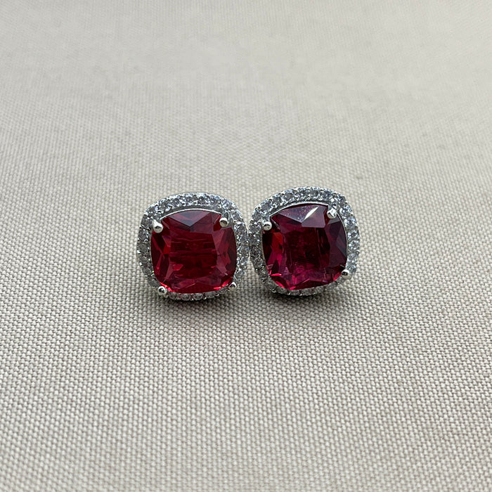 Elegant Silver Stud Earrings with Garnet and CZ Stones | Diwam Jewels