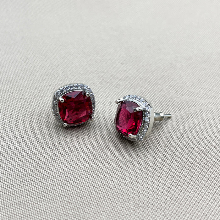 Elegant Silver Stud Earrings with Garnet and CZ Stones | Diwam Jewels