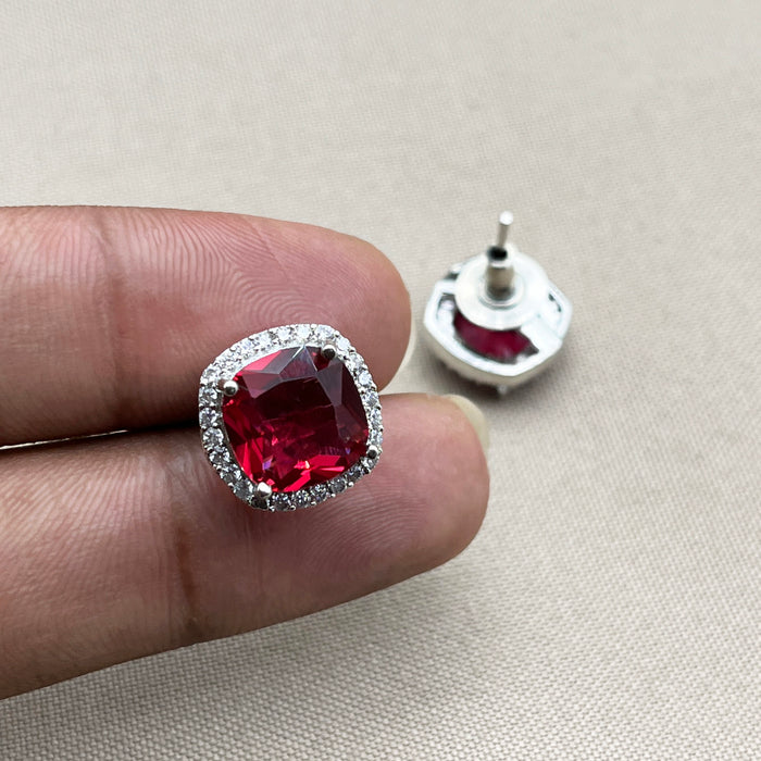 Elegant Silver Stud Earrings with Garnet and CZ Stones | Diwam Jewels