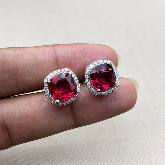 Elegant Silver Stud Earrings with Garnet and CZ Stones | Diwam Jewels