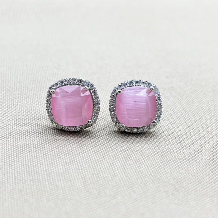 Elegant Silver Stud Earrings Featuring Rose Quartz and Sparkling CZ Stones