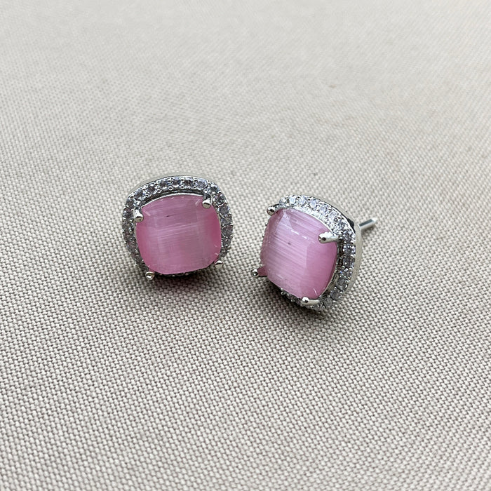 Elegant Silver Stud Earrings Featuring Rose Quartz and Sparkling CZ Stones