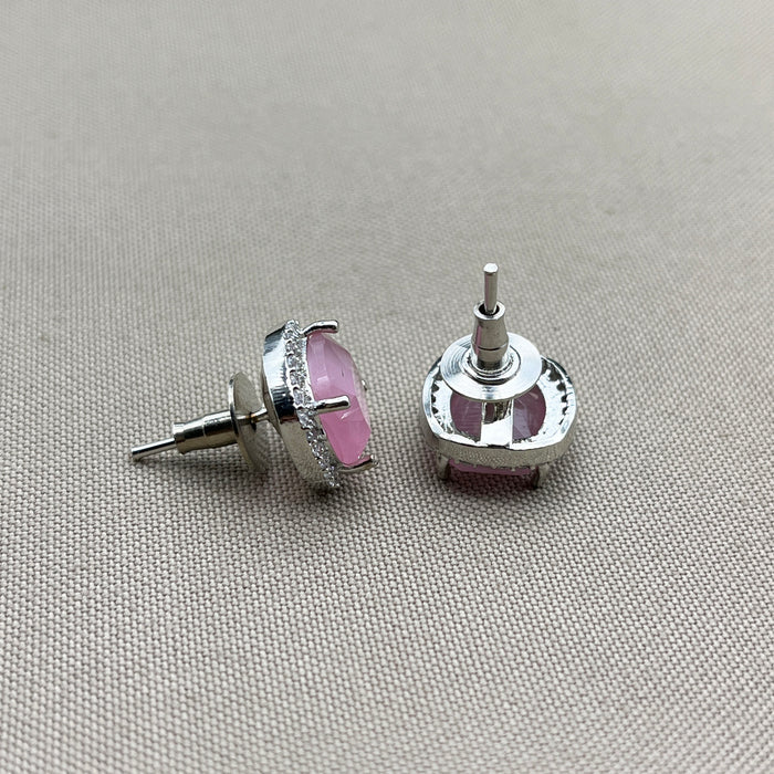 Elegant Silver Stud Earrings Featuring Rose Quartz and Sparkling CZ Stones