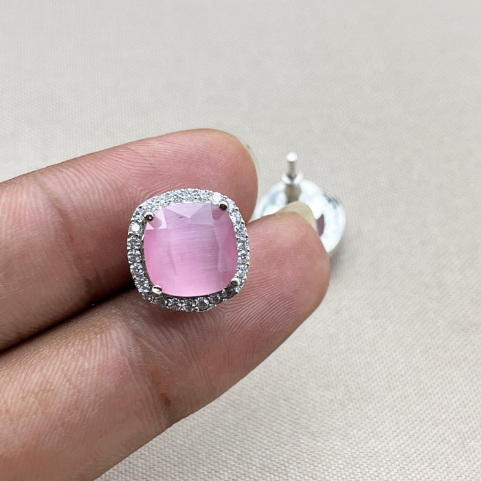 Elegant Silver Stud Earrings Featuring Rose Quartz and Sparkling CZ Stones
