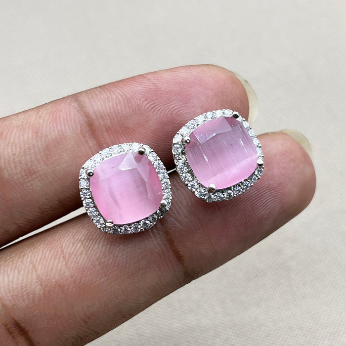 Elegant Silver Stud Earrings Featuring Rose Quartz and Sparkling CZ Stones