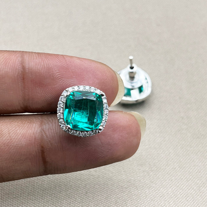 Beautiful Silver Plated Stud Earrings with Emerald and CZ Stones