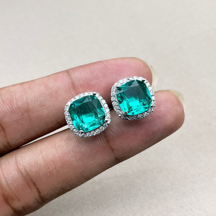 Beautiful Silver Plated Stud Earrings with Emerald and CZ Stones