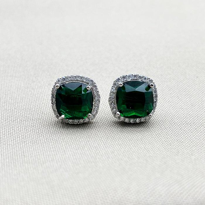 Elegant Silver Stud Earrings with Green Emerald and Sparkling CZ Stones