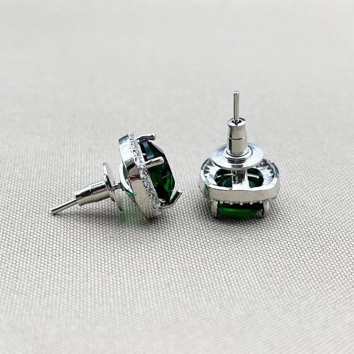 Elegant Silver Stud Earrings with Green Emerald and Sparkling CZ Stones