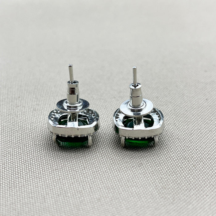 Elegant Silver Stud Earrings with Green Emerald and Sparkling CZ Stones