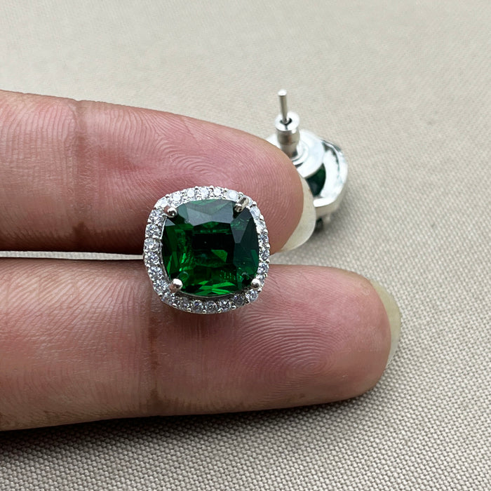 Elegant Silver Stud Earrings with Green Emerald and Sparkling CZ Stones