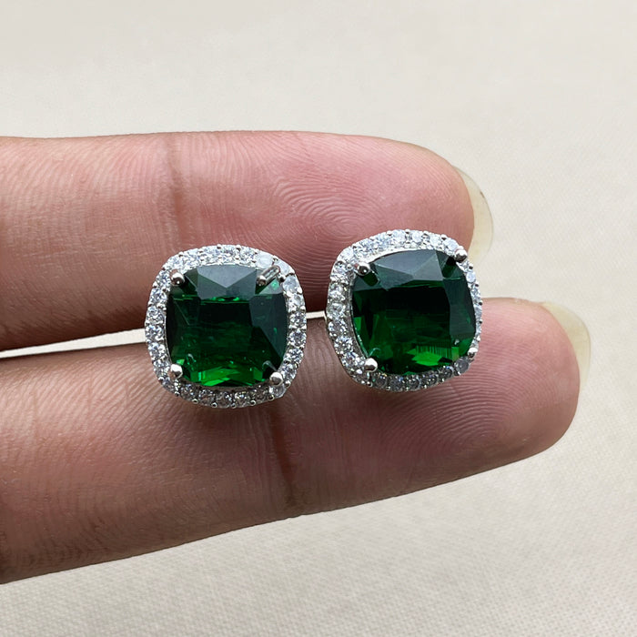 Elegant Silver Stud Earrings with Green Emerald and Sparkling CZ Stones