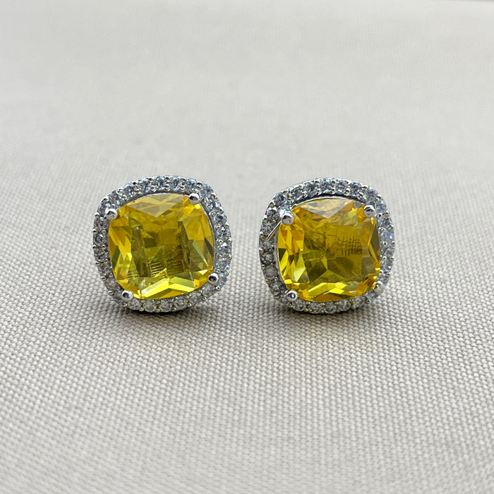 Elegant Silver Stud Earrings Featuring Bright Citrine and Sparkling CZ Stones